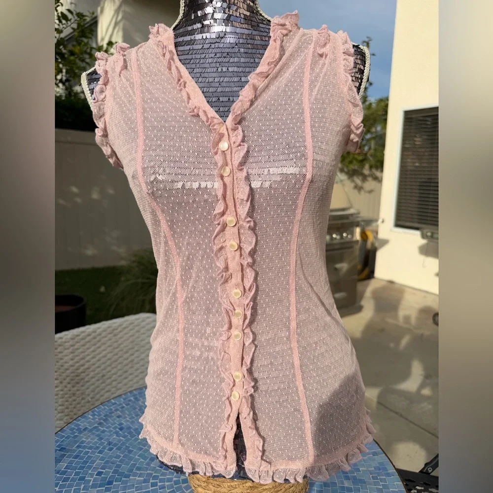 Vintage Pink Sheer Ruffle Button-Down Top - Picture 1 of 5